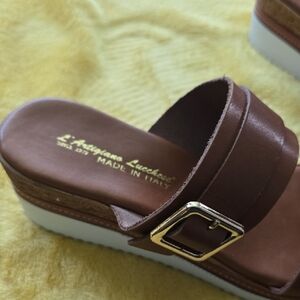 Brown Wedge Shoes with Platform Sole and Metallic Buckle